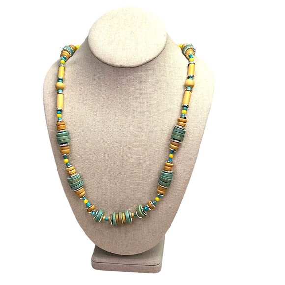Beaded Chunky Statement Necklace Yellow Green Blue Spring Summer - Picture 1 of 8